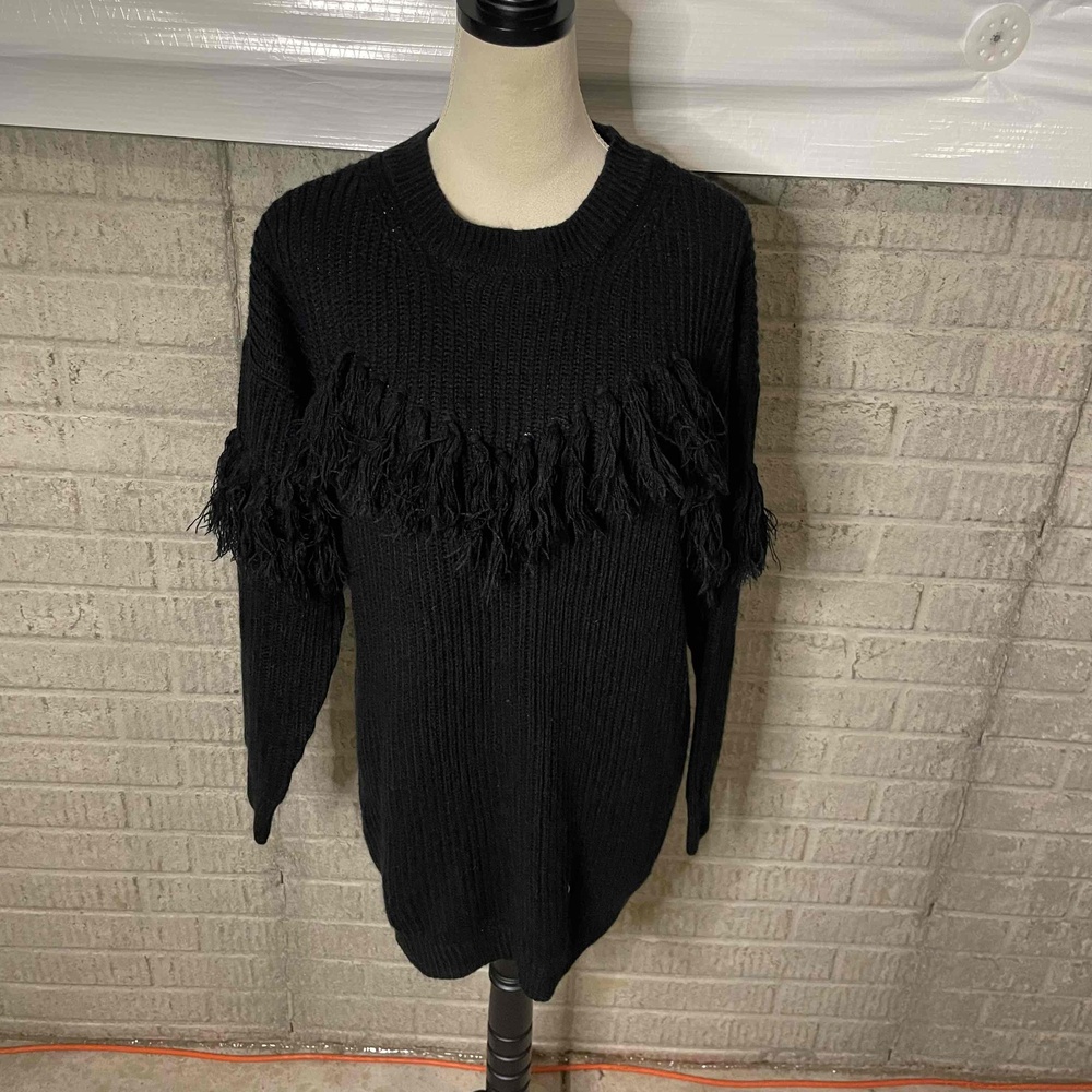 Vici Black Fringe Crew Neck Long Sleeve‎ Sweater Dress Small